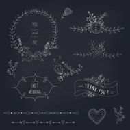 Hand drawn set of wedding wreath and ribbons