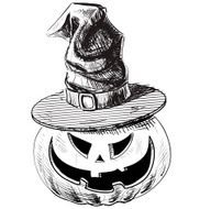 Halloween pumpkin in magic witch hat with evil scary smile N2