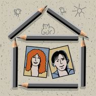 Pencil doodles house and couple