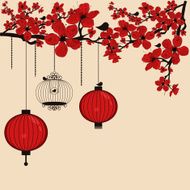 floral background with chinese lanterns and birdcage