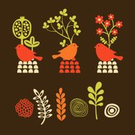 Set of cartoon elements birds with flowers
