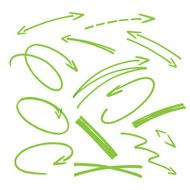 set of green hand drawn arrows signs and highlighting elements