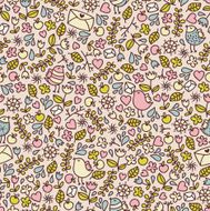 Seamless pattern with romantic birds hearts and flora