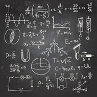 Physical formulas and drawings on a chalkboard