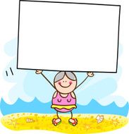 summer holiday beach old woman with banner cartoon illustration