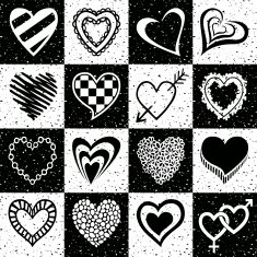 Set of black and white grunge heart icons