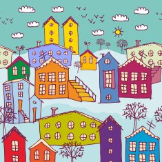 Urban winter landscape seamless pattern Sketch orange blue p