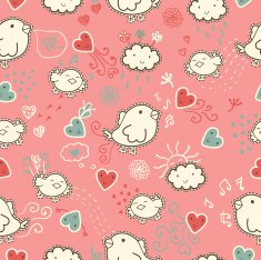seamless pattern with cartoon birds hearts and clouds