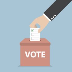 Businessman hand putting voting paper in the ballot box Voting concept