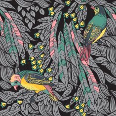 Birds with feathers and flowers Seamless Background Hand drawn
