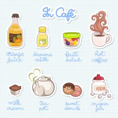 Set of the cute coffee shop stickers doodle design elements N2