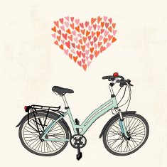 Mint green ladies bike and lots of small colorful hearts