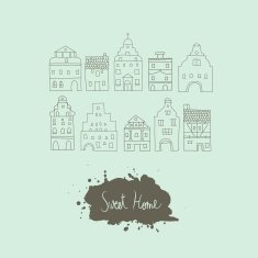 Set of old houses town sketch doodles isolated N4
