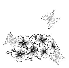background with border of flowering tree branches and butterflies