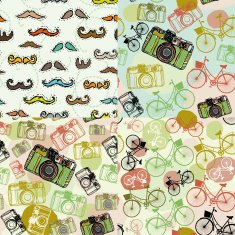 Set 4 seamless pattern mustache camera bike vector