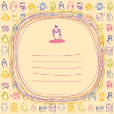 Doodle frame and owls seamless colourful background N4