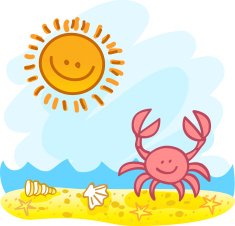 summer sun and crab at beach cartoon illustration