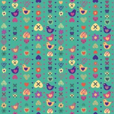 heart bird flower seamless pattern on blue background Vector illustration