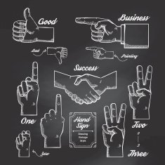 Hand and Finger sign doodle drawn on chalkboard background N2