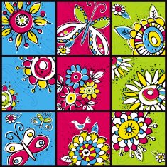 hand draw flowers in color squares