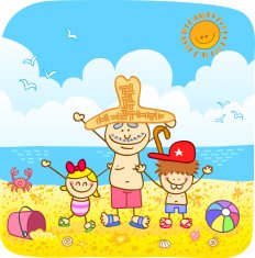 children with grandfather at beach cartoon illustration N2