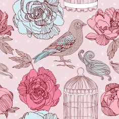 Bird and blooming flowers on a yellow background