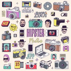 Hand drawn colorful photographic doodles set Vector illustration