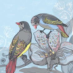 Birds and blooming Flowers Vector Illustration Card