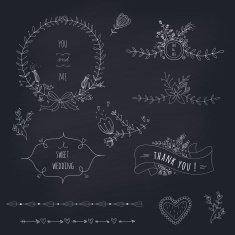 Hand drawn set of wedding wreath and ribbons