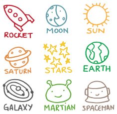 Kids style space related doodle icon set