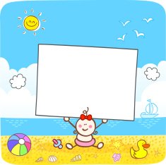 happy baby girl holding blank banner at sunny summer beach N2