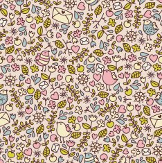 Seamless pattern with romantic birds hearts and flora