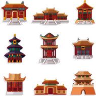 cartoon Chinese house icons set