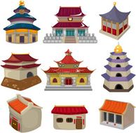 Cartoon Chinese House Icon Set N2