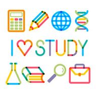 Trendy multiply education icons and phrase &quot;I like study!&quot;