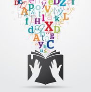 Open book with colourful letters coming out