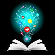 Light bulb with social media education icon on book