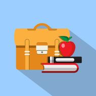 Briefcase and Stack of Books with Apple Vector Flat Icon