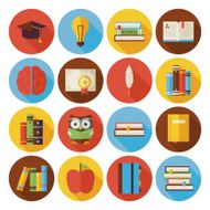 Flat Reading Knowledge and Books Circle Icons Set with Shadow