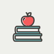 Three books with apple on the top thin line icon