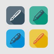 set of drawing and writing tools flat icons with long