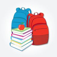 Red and blue Backpack stack of books