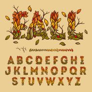 Hand drawn fall alphabet made with leaves