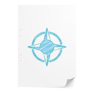 Blue handdrawn Compass Rose illustration on white paper sheet wi N2