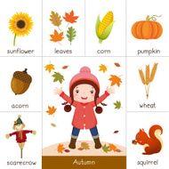 Printable flash card for autumn and girl playing with leaves N2
