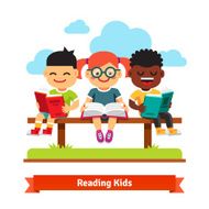 Three kids sitting on the bench and reading books N2