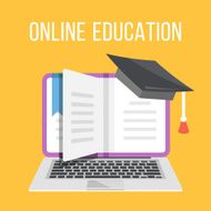 Online education flat illustration concept Laptop with book graduation cap