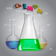 Chemistry Glass flask with a chemical liquid on gray background