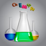 Chemistry Glass flask with a chemical liquid on gray background N2