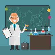Old scientist points to chalkboard and smiling